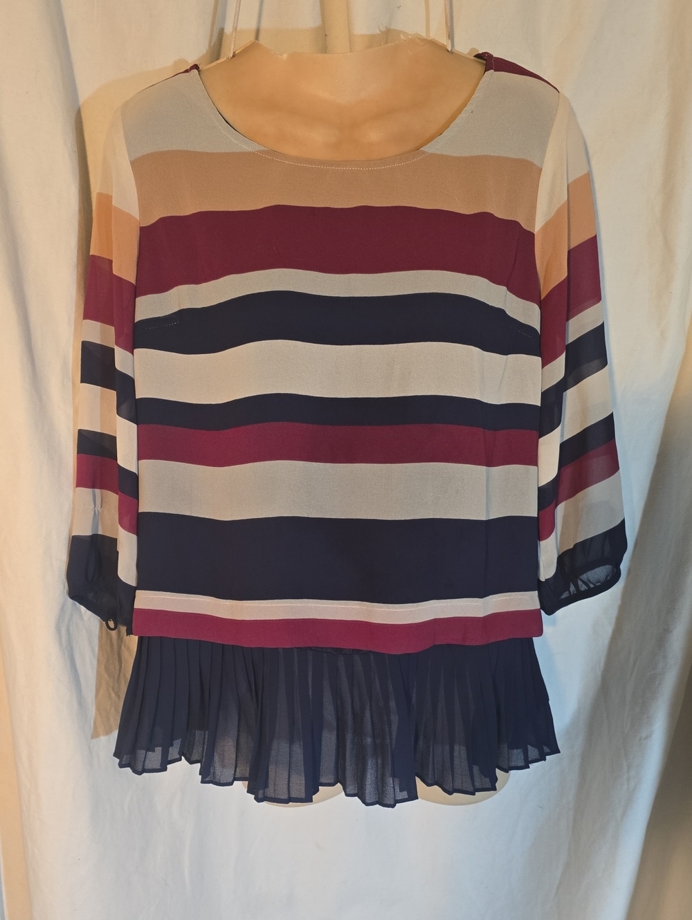 Skies Are Blue Striped Pleated-Hem Blouse in Navy, Burgundy & Cream